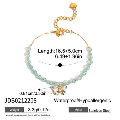 J&D Jewelry 18K Gold Plated Stainless Steel Blue Beaded Bracelet with Enamel Butterfly Pendant with Zircon for Women