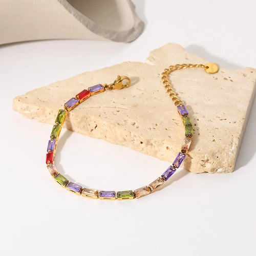 18k Gold Plated Mixed Color  Cubic Zirconia Stainless Steel  Gemstone Bracelets Women Jewelry