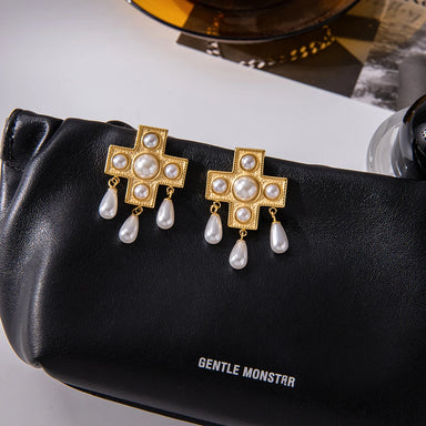 Cross Shaped Glass Pearl Drop Earring