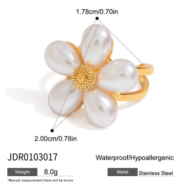J&D 18k Gold Stainless Steel 18K Tarnish Free Waterproof Shell Beads Flower Open Ring