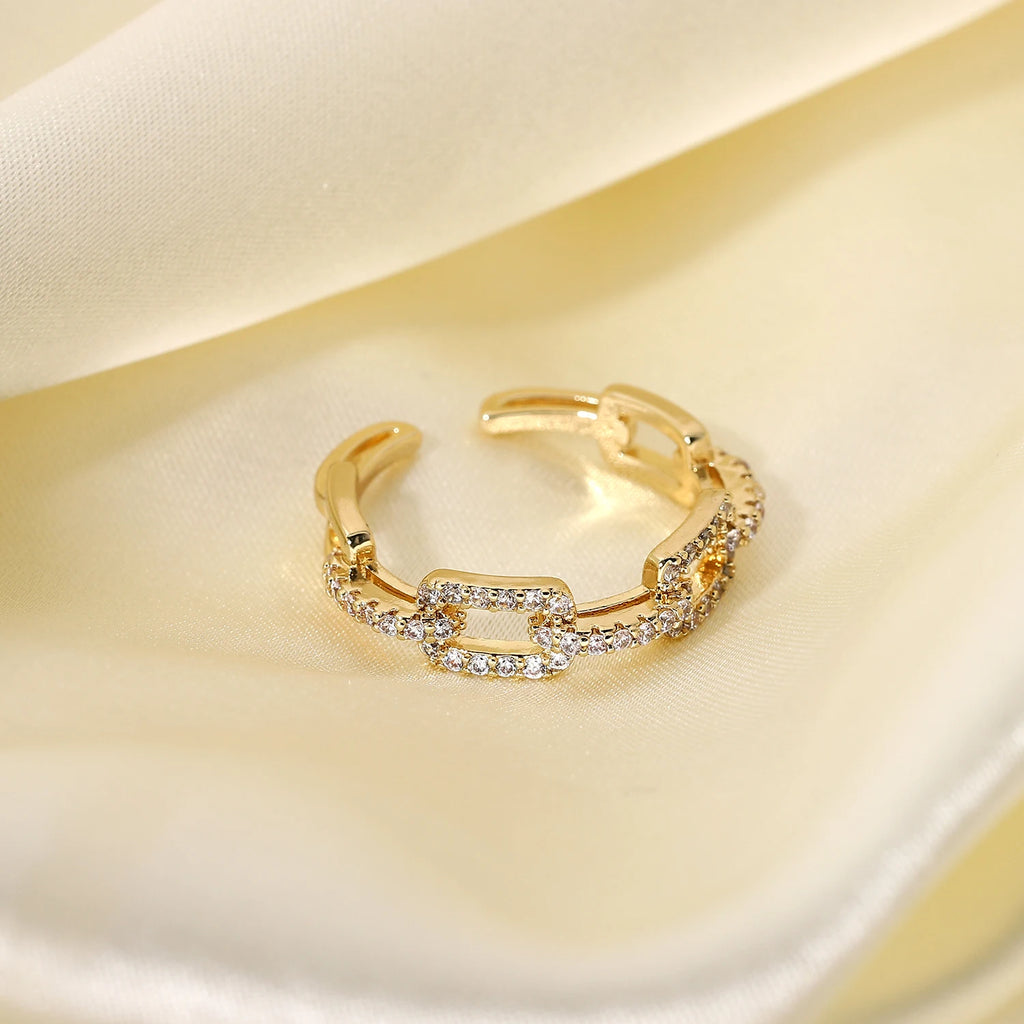 18K Gold Plated Copper Square Buckle Link Chain Opening Trendy Engagement Zircon Ring for Women for Parties and Anniversaries