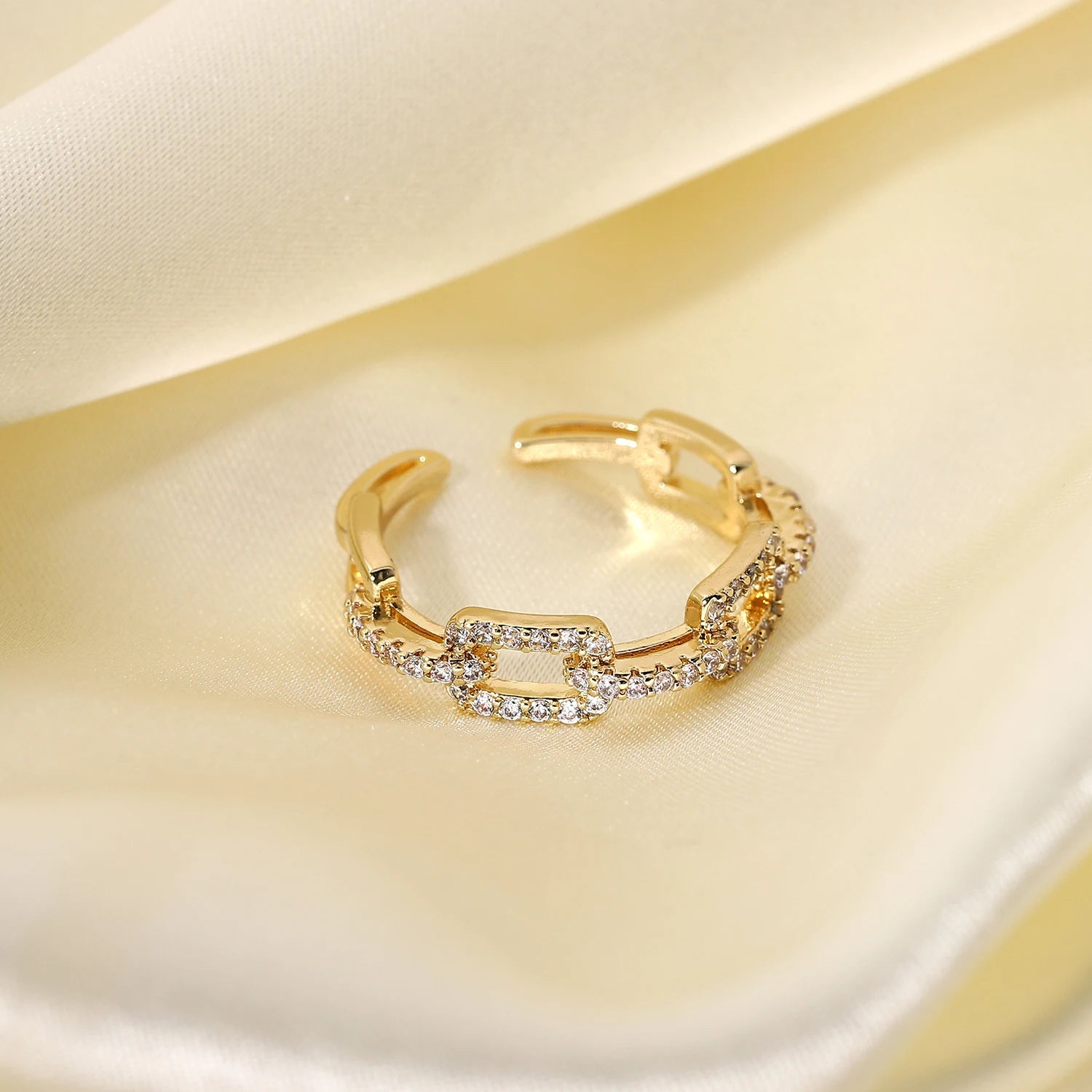 18K Gold Plated Copper Square Buckle Link Chain Opening Trendy Engagement Zircon Ring for Women for Parties and Anniversaries