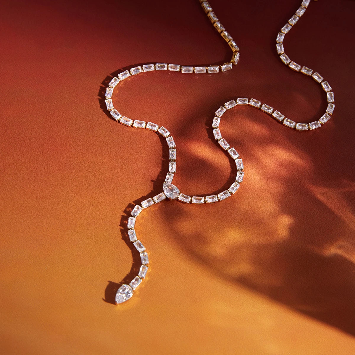 J&D 18K Gold Plate Stainless Steel Necklace Trendy Classic White Zircon Y Chain Snake Pendant Necklace