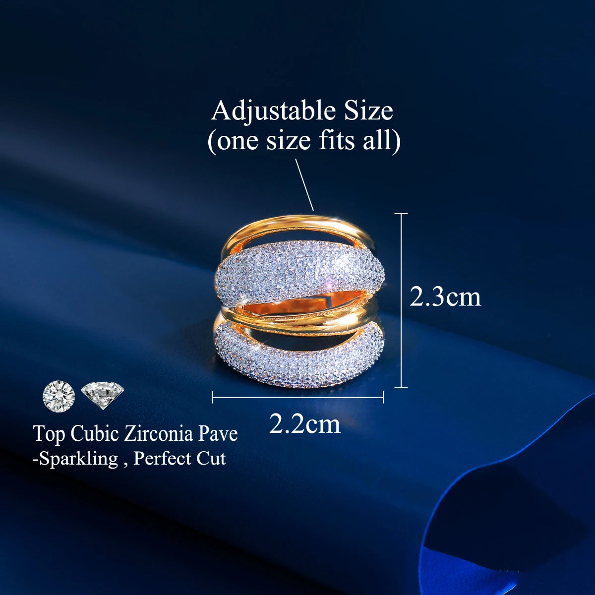 14k Gold Plated Micro Paved Cubic Zirconia  Adjustable Ring - Kimiko