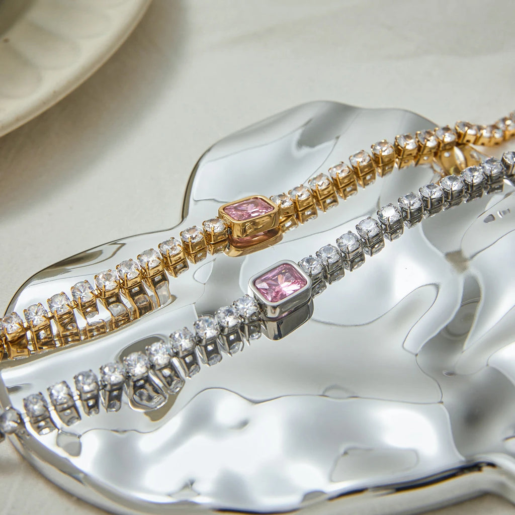 J&D 18K Gold Plate Stainless Steel Bracelet Trendy Sweet Romance Pink White Square Zircon Tennis Bracelets