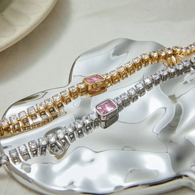 J&D 18K Gold Plate Stainless Steel Bracelet Trendy Sweet Romance Pink White Square Zircon Tennis Bracelets