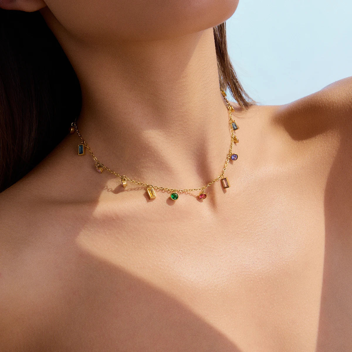 J&D 18K Gold Plated Stainless Steel Durable Chain Necklace with Multi-Color Crystal Zircon Pendant Hypoallergenic Jewelry Gift