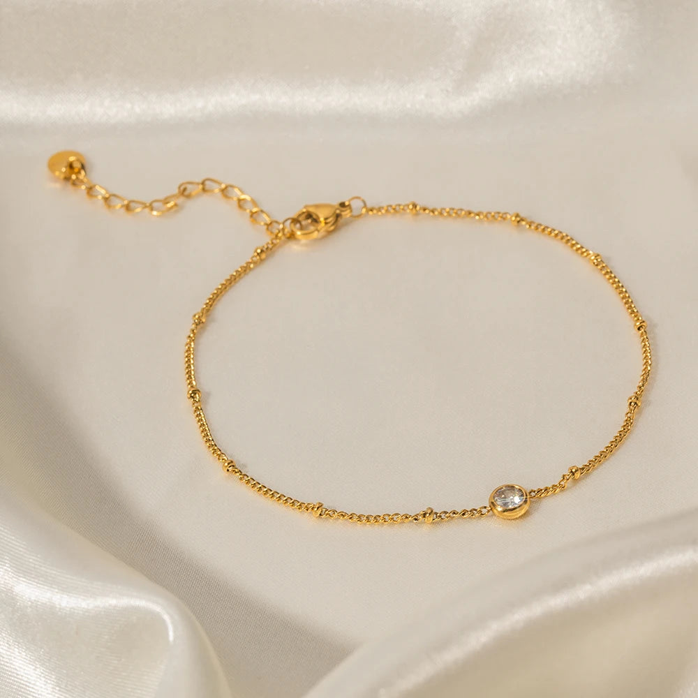 Dainty 18k Gold Plated Stainless Steel  Waterproof Anklet Jewelry Gift Chain Single Zircon Anklet