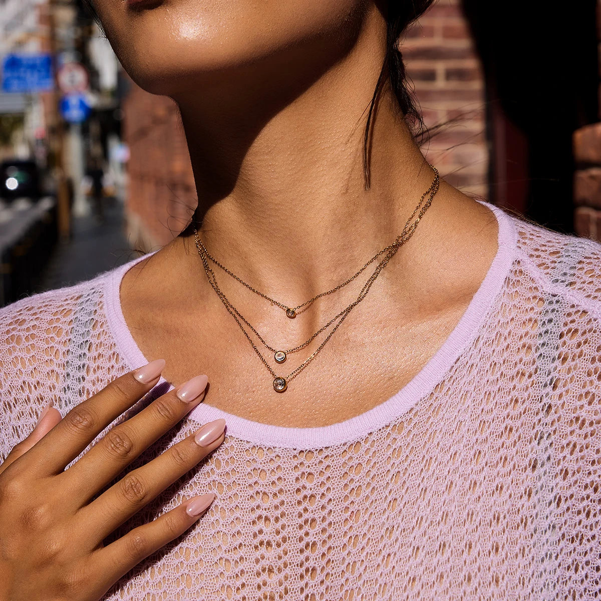 White Zircon Pendant O-Chain Three-Layer Necklace