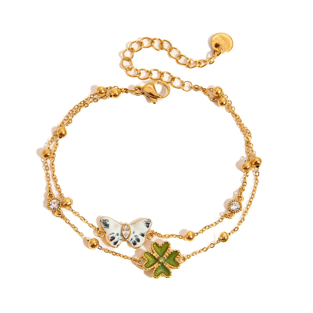 J&D Jewelry 18K Gold Plated Stainless Steel Enamel Clover Butterfly Double Layer Bracelet with Zircon for Women