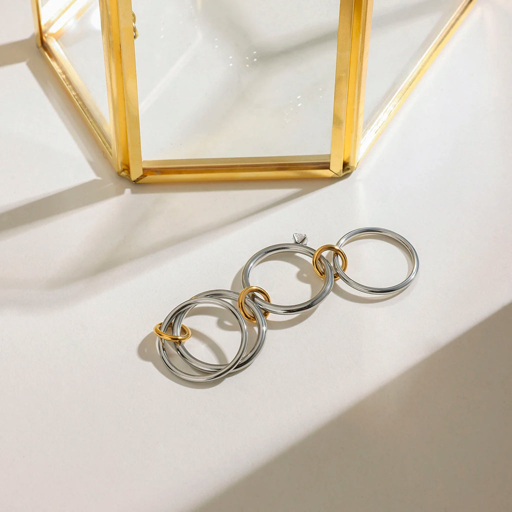 J&D Modern Minimalist 18K Gold Stainless Steel Two Tone Mosaic Multi-finger Zircon Link Rings