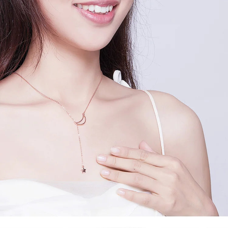 925 Sterling Silver Moon and Star Tales Chain Link Pendant Necklace Fine Jewelry with Zircon for Women for Wedding Gift SCN108