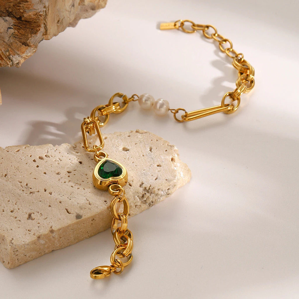 J&D Dainty 18k Gold Stainless Steel Pearl and Water Drill Freshwater Pearl Green Heart Bracelets