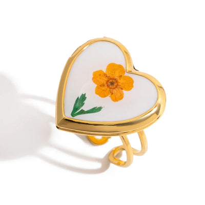Heart Enamel Dried Flower Adjustable Open Ring