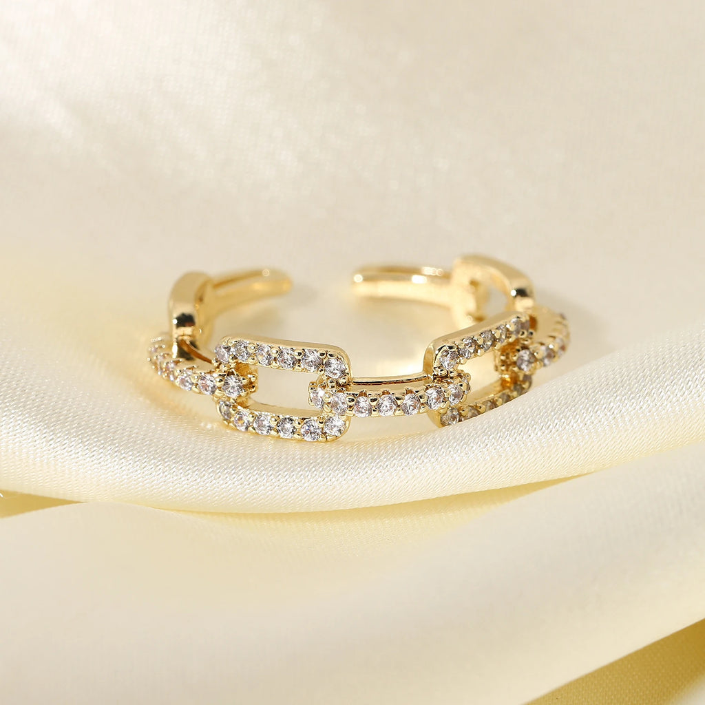 18K Gold Plated Copper Square Buckle Link Chain Opening Trendy Engagement Zircon Ring for Women for Parties and Anniversaries