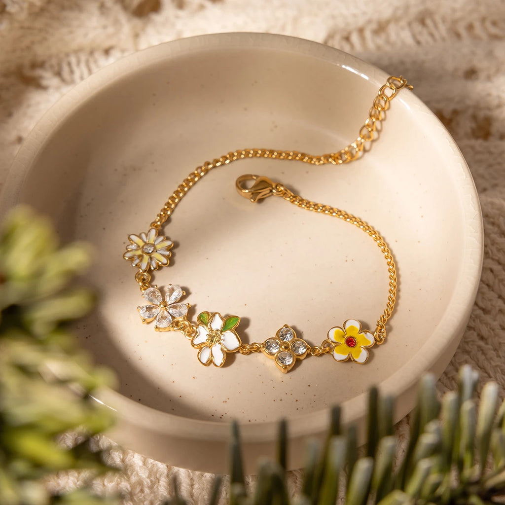 J&D Jewelry 18K Gold Plated Stainless Steel Enamel Flower Garden Charm Bracelet with Colorful Zircon for Women