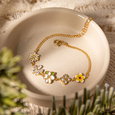 J&D Jewelry 18K Gold Plated Stainless Steel Enamel Flower Garden Charm Bracelet with Colorful Zircon for Women