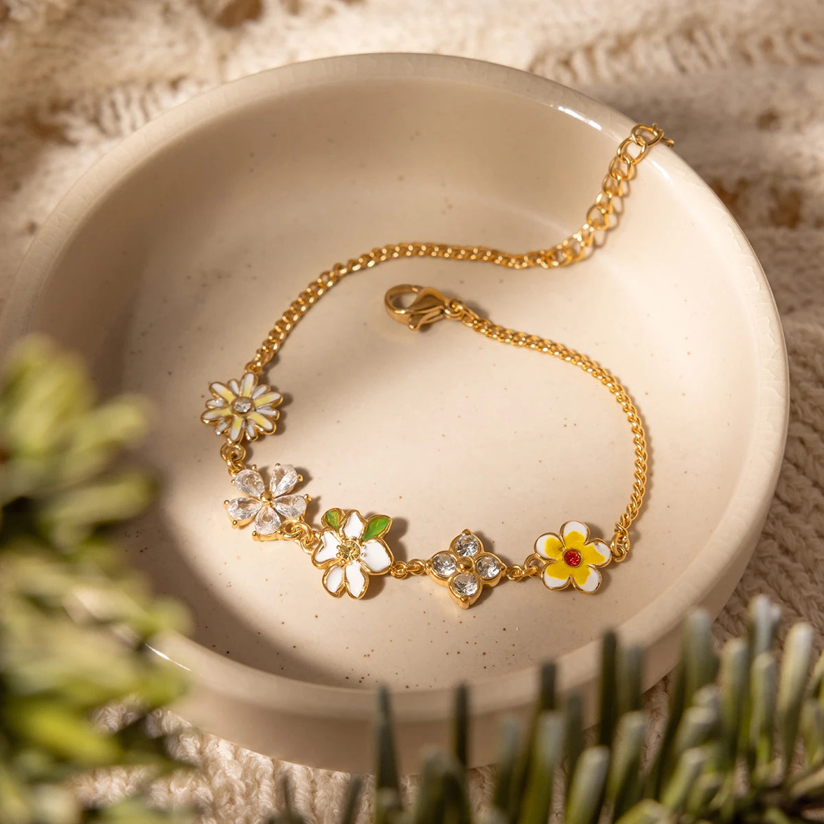 J&D Jewelry 18K Gold Plated Stainless Steel Enamel Flower Garden Charm Bracelet with Colorful Zircon for Women