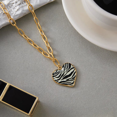 Vintage Leopard Print Enamel Heart Pendant Necklace