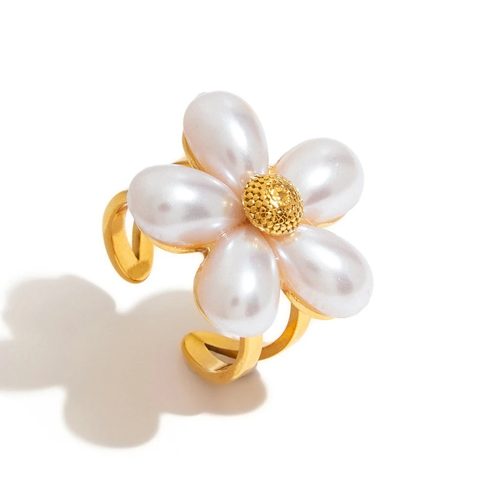 J&D 18k Gold Stainless Steel 18K Tarnish Free Waterproof Shell Beads Flower Open Ring