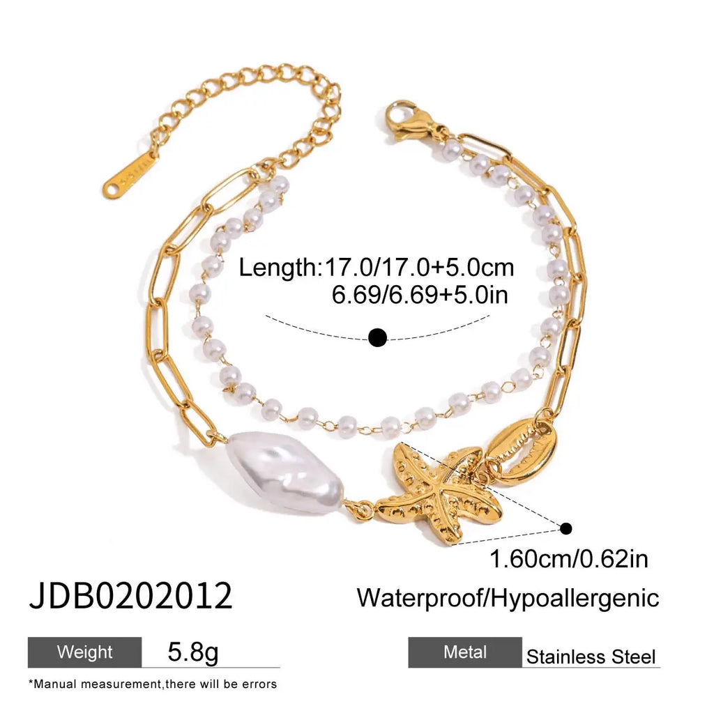 J&D Women's Bracelet Ocean 18K PVD Gold Stainless Steel Imitation Pearl Starfish Nugget Shell Double Layers Bracelet