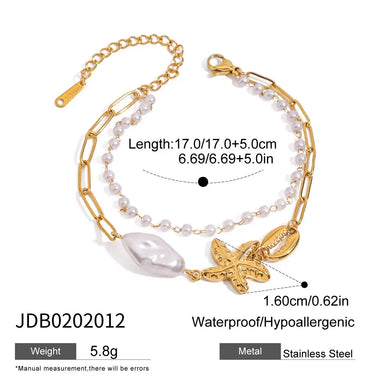 J&D Women's Bracelet Ocean 18K PVD Gold Stainless Steel Imitation Pearl Starfish Nugget Shell Double Layers Bracelet