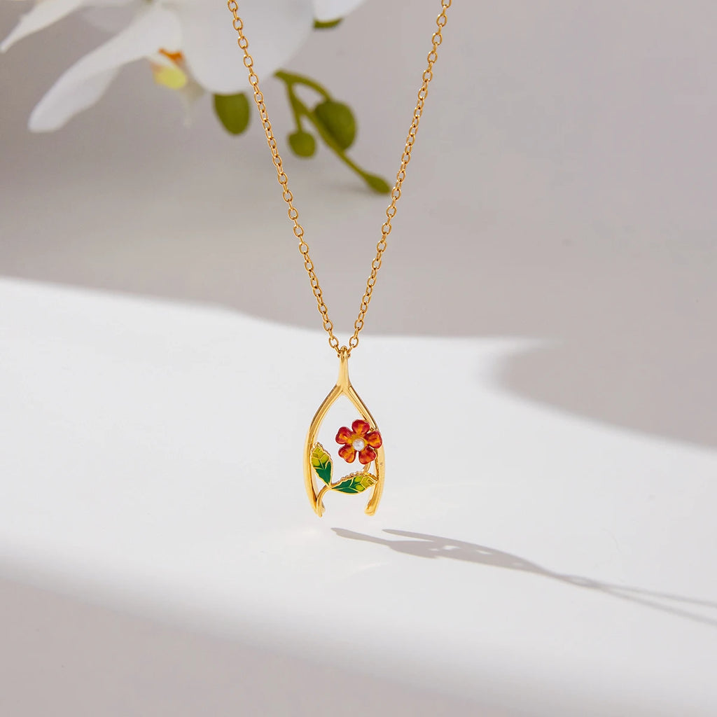 Flower Lucky Bone Wishbone Pendant Necklace