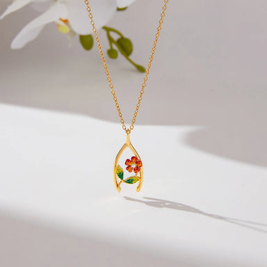 Flower Lucky Bone Wishbone Pendant Necklace