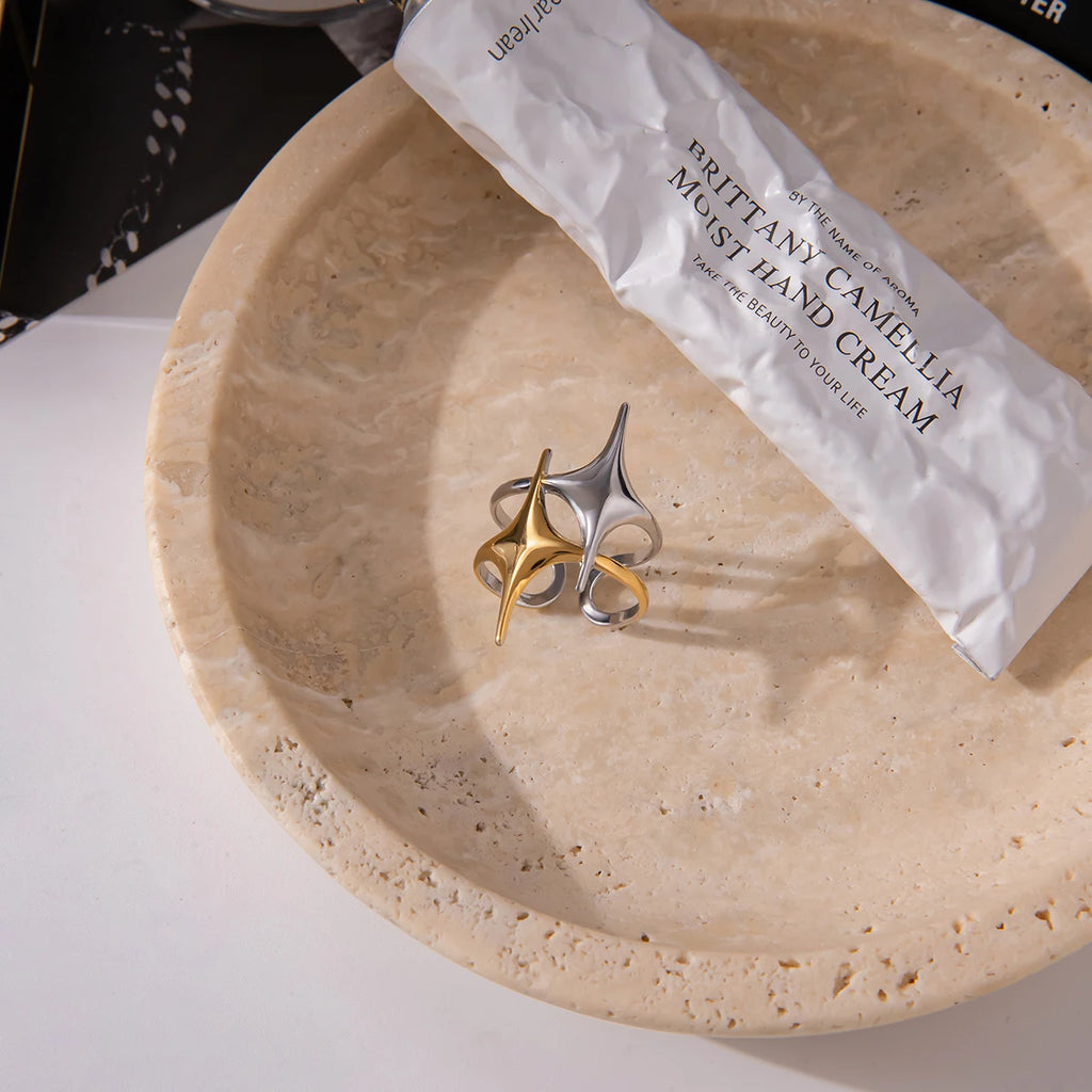 J&D Minimalist 18K Gold Plated Stainless Steel Ring Mangxing Double-Layer Hollow Opening Ring