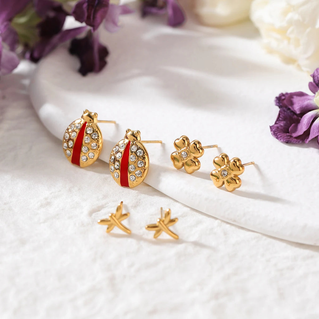Four-Leaf Clover Red Drop Oil Ladybug Earring 3 pieces set