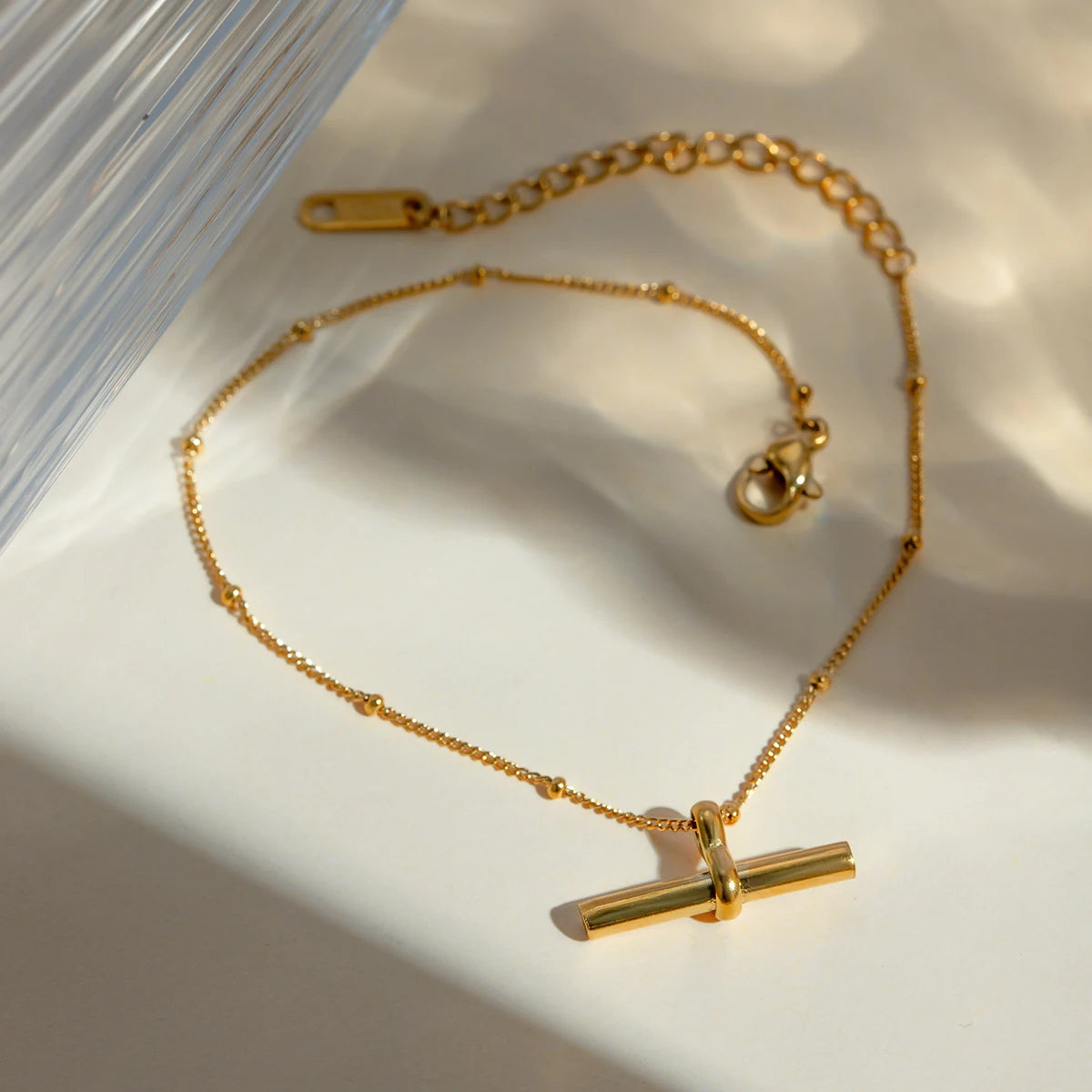 J&D Alluring Stainless Steel Women Jewelry Anklet 18K Gold Plated T-bar Pendant Ball Bead Chain Anklet