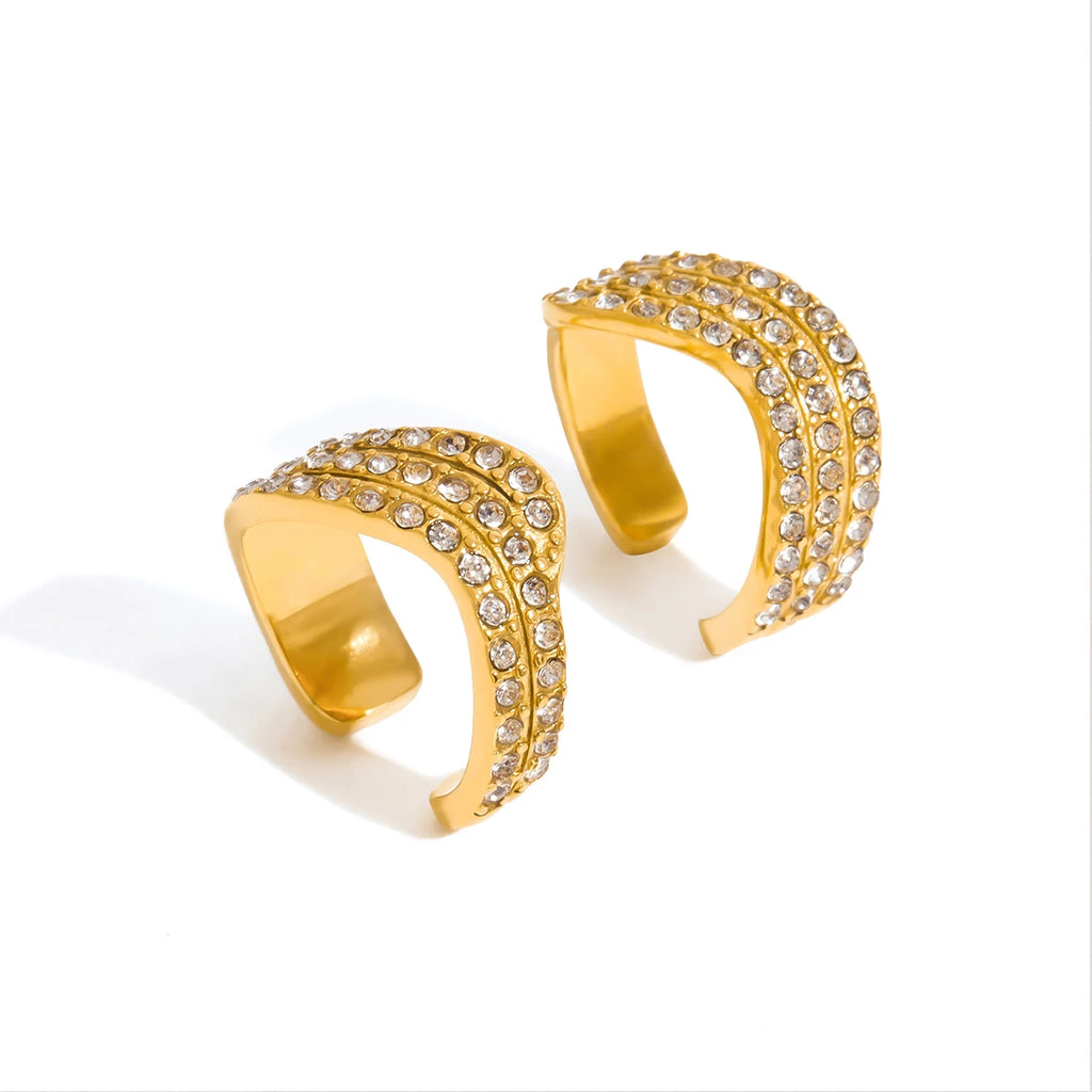 Three-layer White Rhinestone Wave Ear Clips