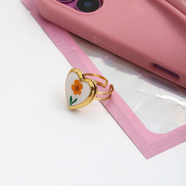 J&D 18K Gold Plate Stainless Steel Rings Heart Enamel Dried Flower DIY Photo Frame Adjustable Open Ring