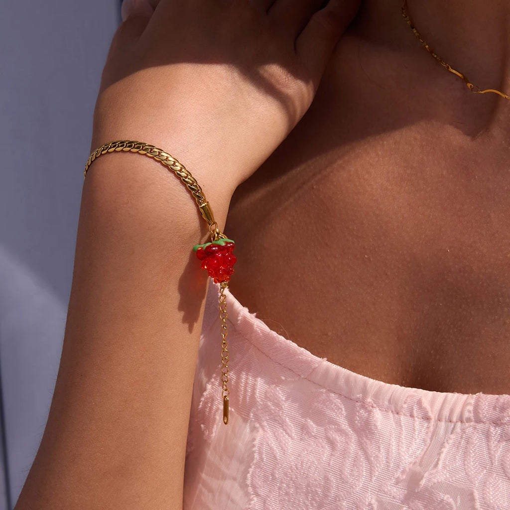 J&D Women's Bracelet Sweet and Cool Style 18K Gold Stainless Steel Encrypted Flat Chain With Red Glass Grape Bracelet
