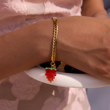 J&D Women's Bracelet Sweet and Cool Style 18K Gold Stainless Steel Encrypted Flat Chain With Red Glass Grape Bracelet