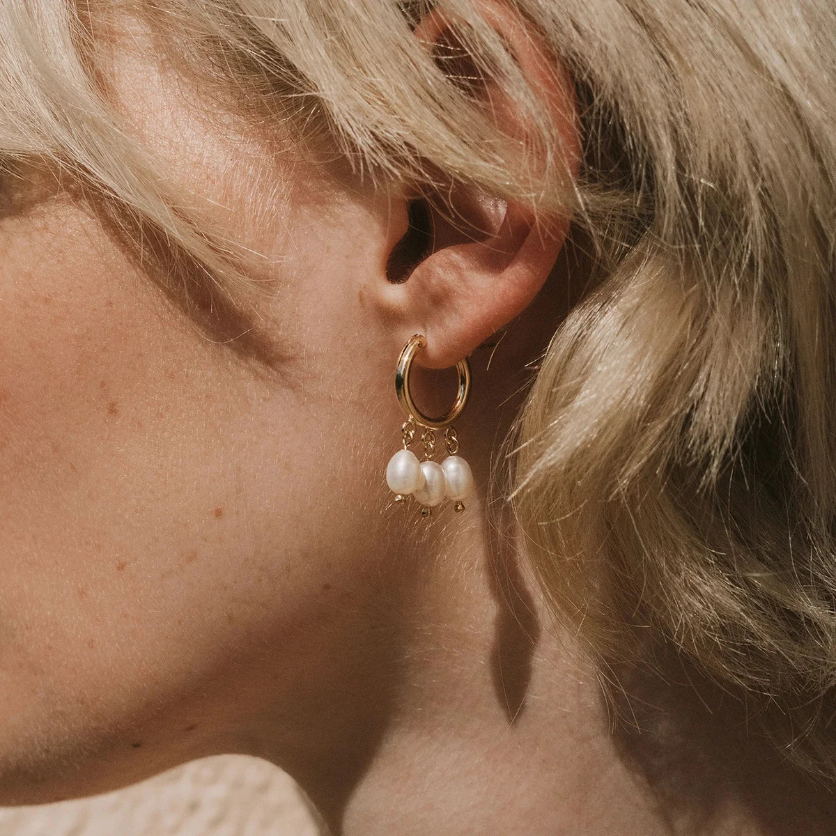 Three Freshwater Pearl Hoop Earring