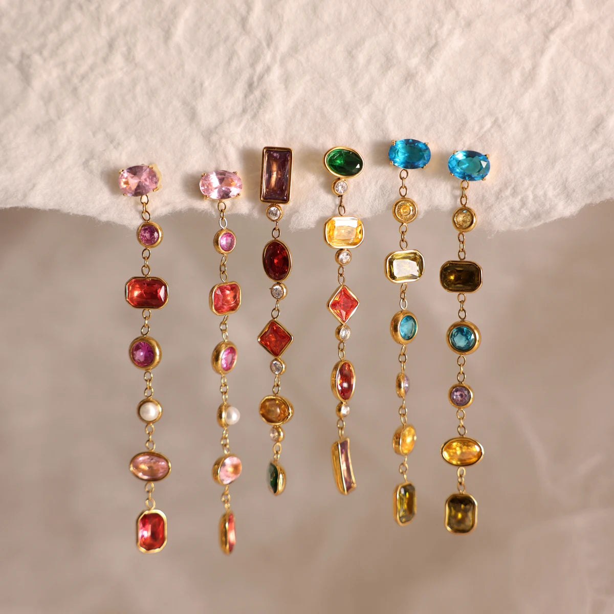 J&D Jewelry Asymmetric AB Colorful Geometric Zirconia Tassel Earrings Gold Plated Stainless Steel Waterproof Jewelry for Women