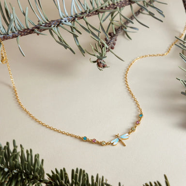 J&D Jewelry 18K Gold Plated Stainless Steel Blue Enamel Dragonfly Necklace with Yellow Pink Blue Rhinestone for Women