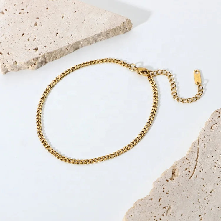 Dainty 3mm 18K Gold Plated Stainless Steel Stacking Miami Cuban Link Chain Feet Anklets for Women