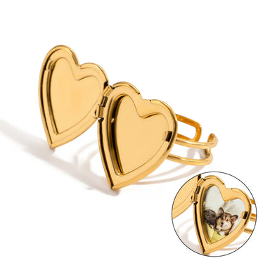 J&D 18K Gold Plate Stainless Steel Rings Heart Enamel Dried Flower DIY Photo Frame Adjustable Open Ring