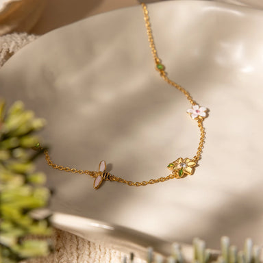 J&D Jewelry 18K Gold Plated Stainless Steel Enamel Bee Flower Choker Necklace with Green Rhinestone for Women