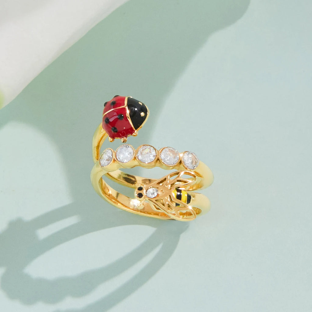 J&D Triple Layer Open Ring for Women Stainless Steel Enamel Ladybug Bee and Zirconia Nature Inspired Dainty Stacking Jewelry