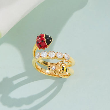 J&D Triple Layer Open Ring for Women Stainless Steel Enamel Ladybug Bee and Zirconia Nature Inspired Dainty Stacking Jewelry