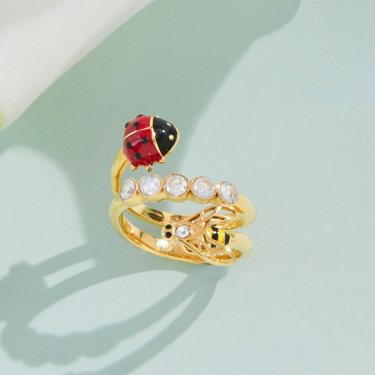J&D Triple Layer Open Ring for Women Stainless Steel Enamel Ladybug Bee and Zirconia Nature Inspired Dainty Stacking Jewelry