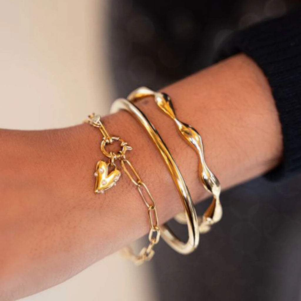 J&D Designer 20cm Stainless Steel Women Bracelet 18K Gold Plated Big Heart Pearl Pendant Bracelet