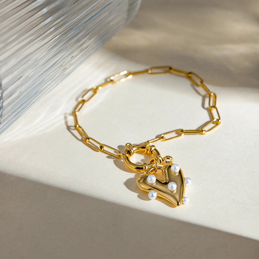 J&D Designer 20cm Stainless Steel Women Bracelet 18K Gold Plated Big Heart Pearl Pendant Bracelet