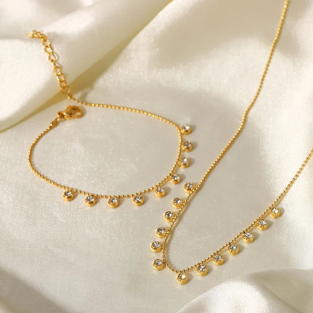 18K Gold Plated Tassel Round Zircon Bracelet Stainless Steel Bead Chain Clear Cubic Zircons Bracelet Girl