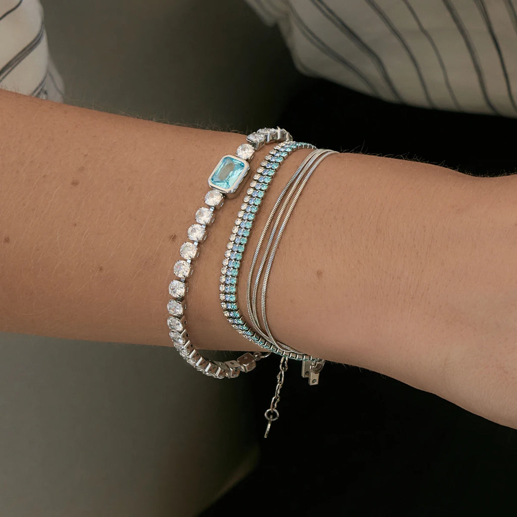 J&D Jewelry Silver Color Stainless Steel Three Layer Tennis Bracelet with Blue Purple White Rhinestone for Women